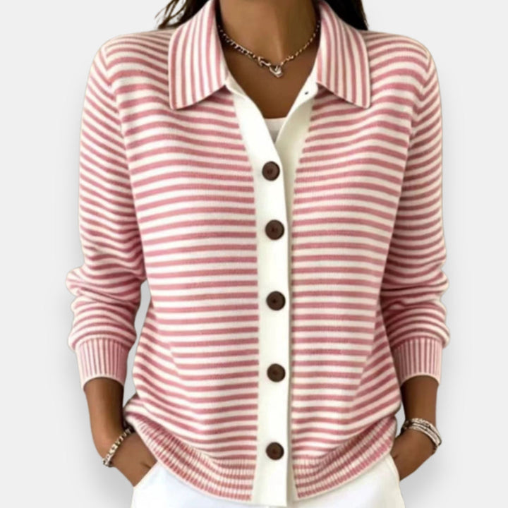 Pink striped cardigan with collar and brown buttons, front view