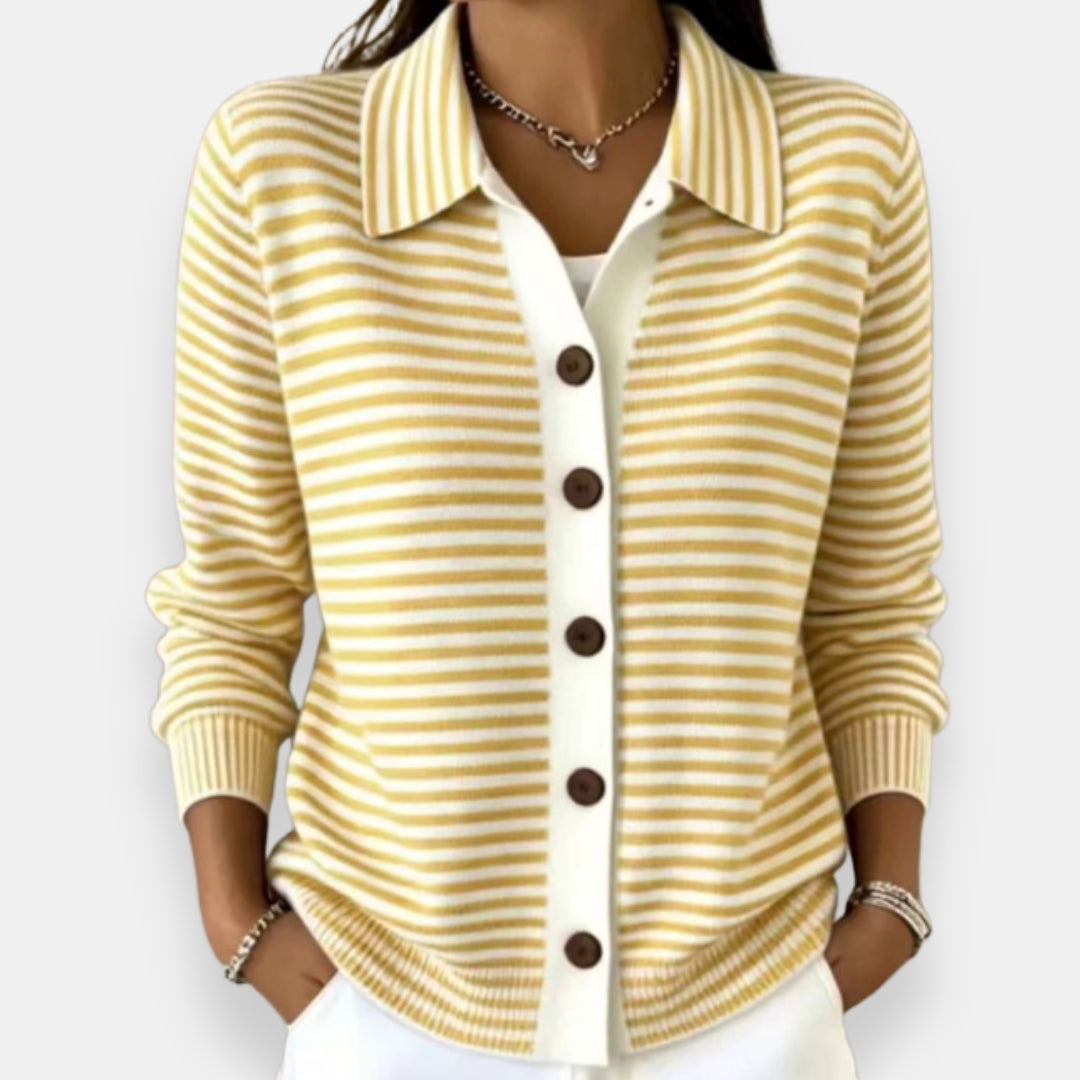 Yellow striped knit cardigan with collar and button front, longer view with white pants