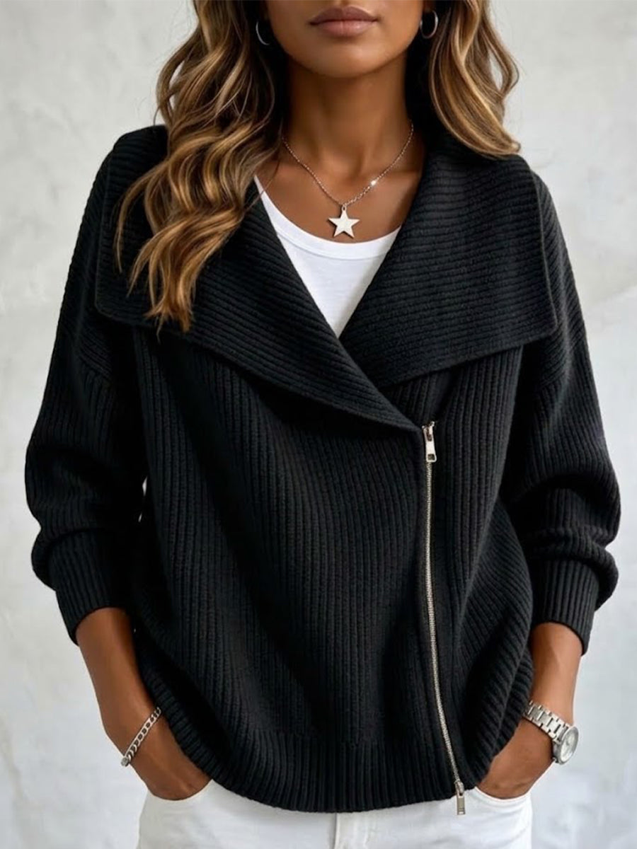 Black zip cardigan with wide fold-over collar