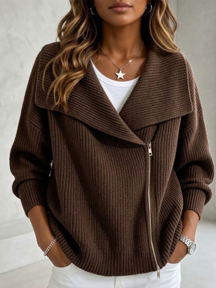 Brown zip cardigan with ribbed cuffs and hem