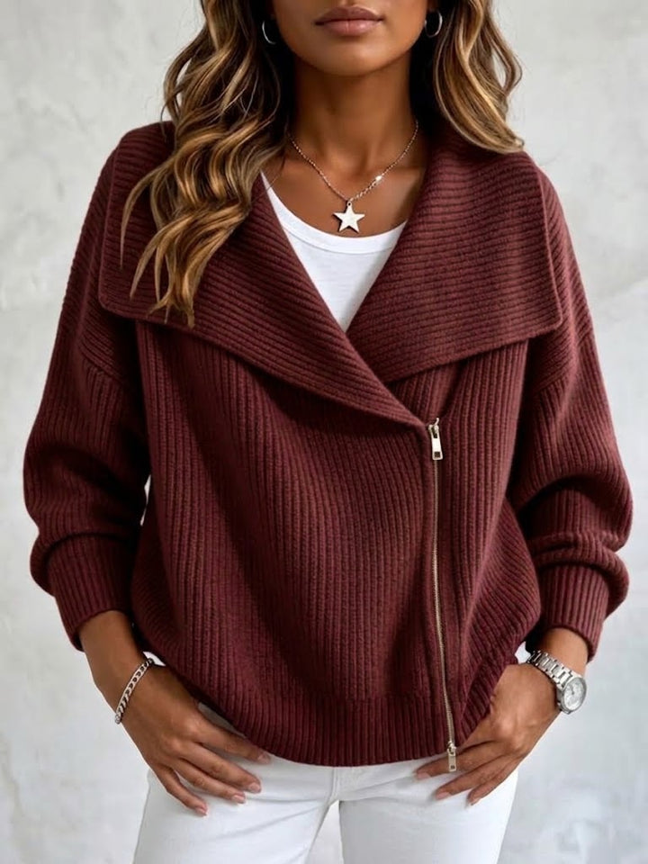 Burgundy knit cardigan with silver-tone diagonal zip