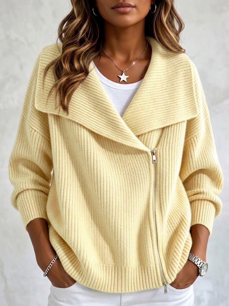 Butter yellow ribbed cardigan with asymmetric zip front
