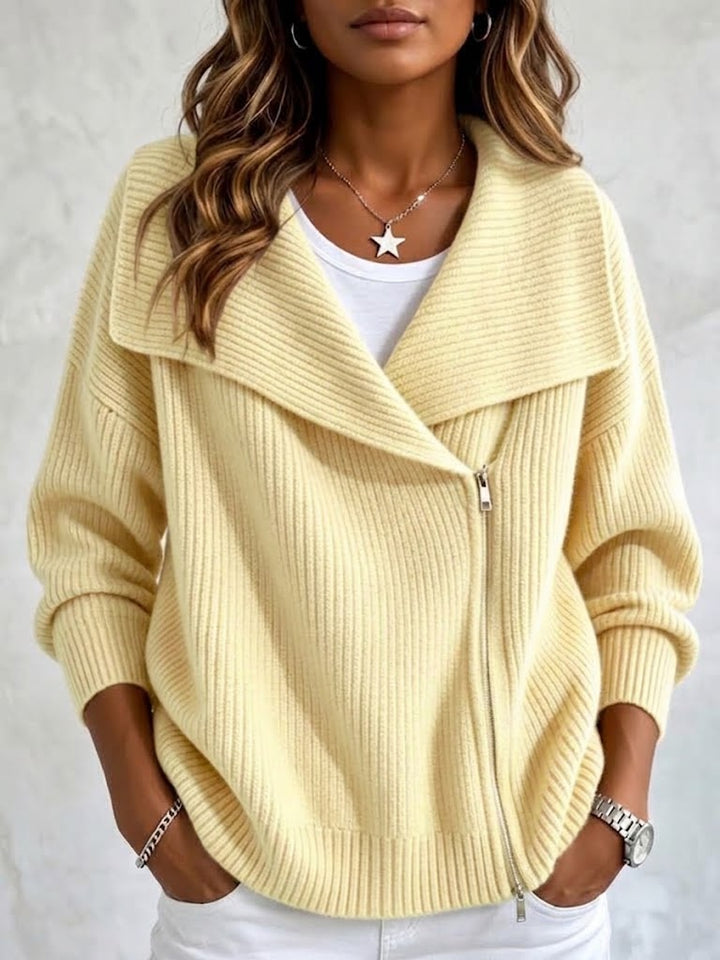Butter yellow ribbed cardigan with asymmetric zip front
