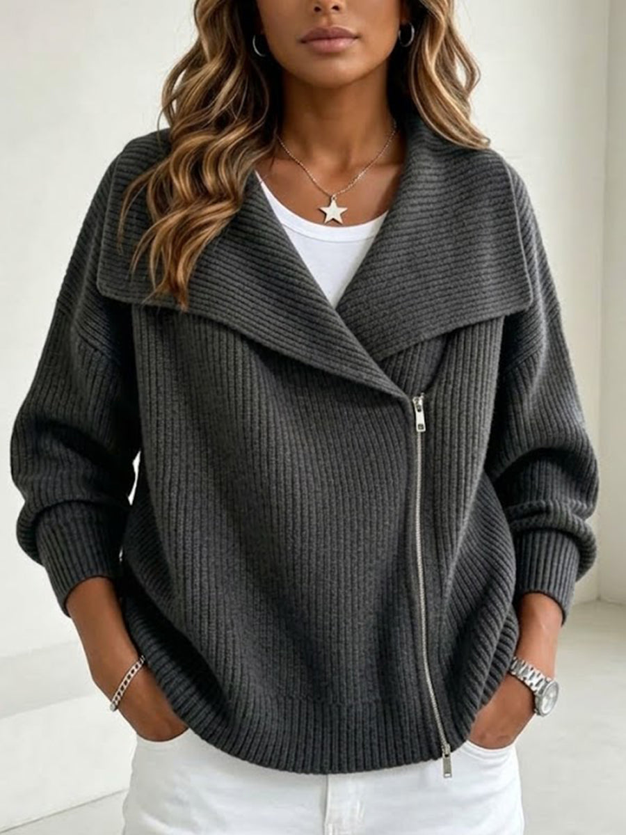 Charcoal ribbed cardigan with wide lapel and dropped shoulders