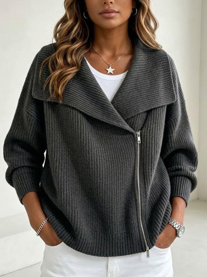 Charcoal ribbed cardigan with wide lapel and dropped shoulders