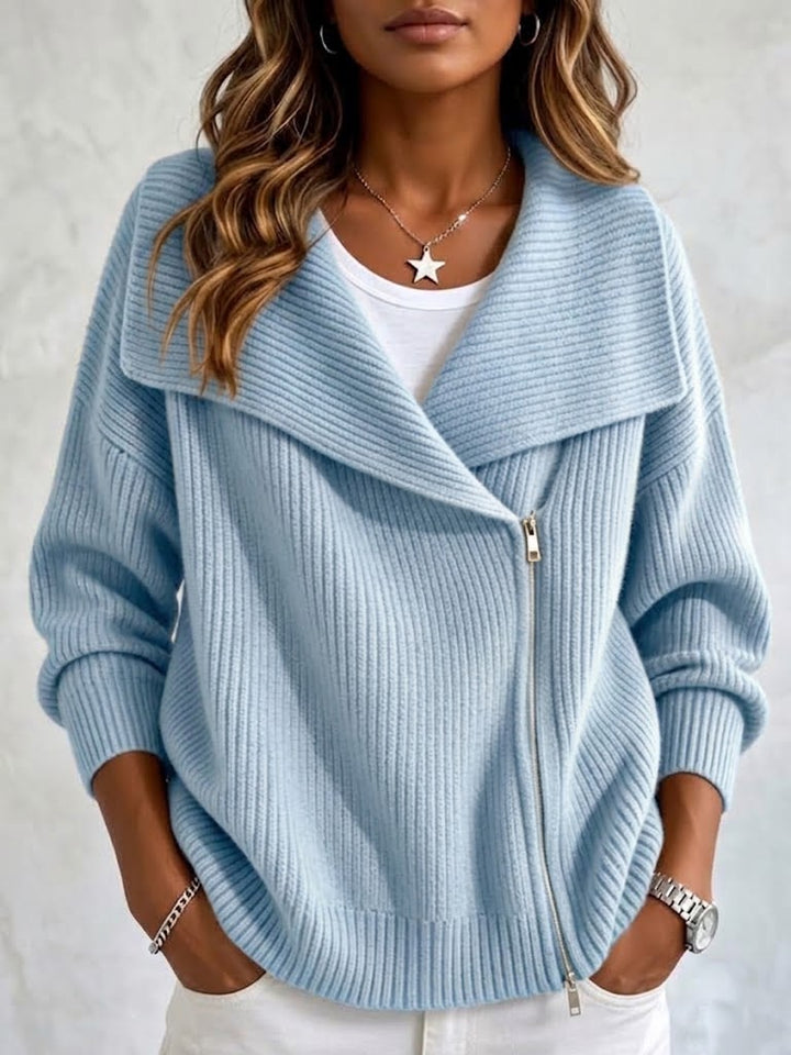 Light blue lapel cardigan worn with white pants