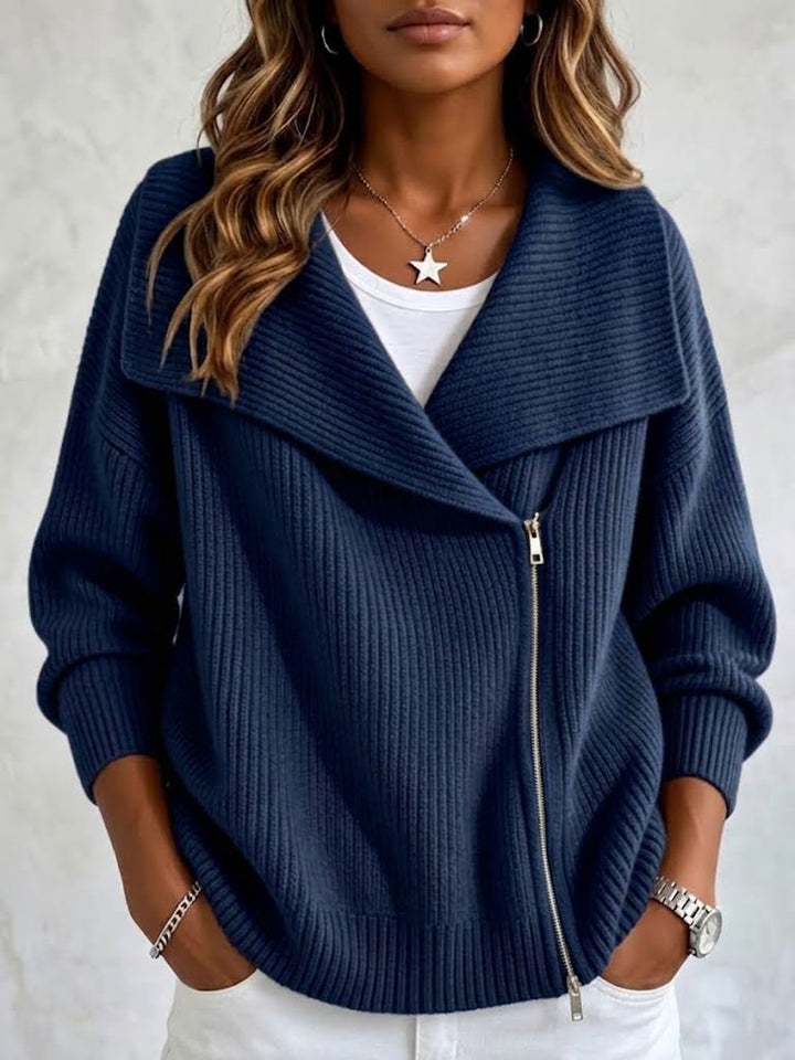 Navy zip cardigan with fold-over collar, front view