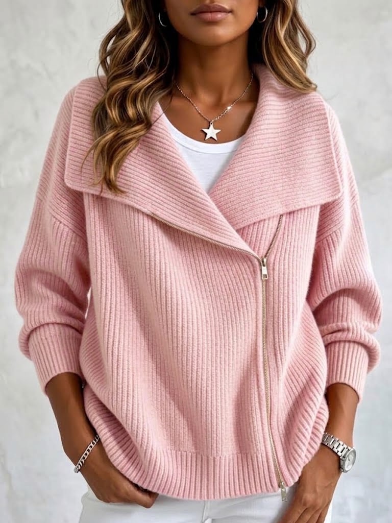 Pink ribbed knit cardigan with diagonal zip, front view
