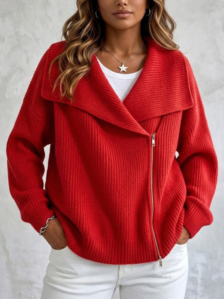 Red zip-up cardigan with wide collar and ribbed texture