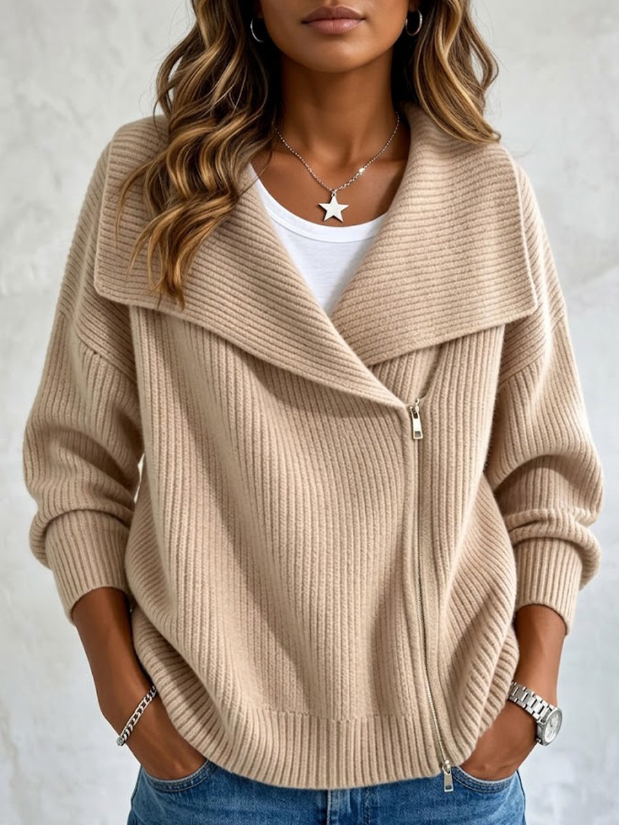 Women's cardigan sweater in tan with asymmetric zip and wide lapel collar