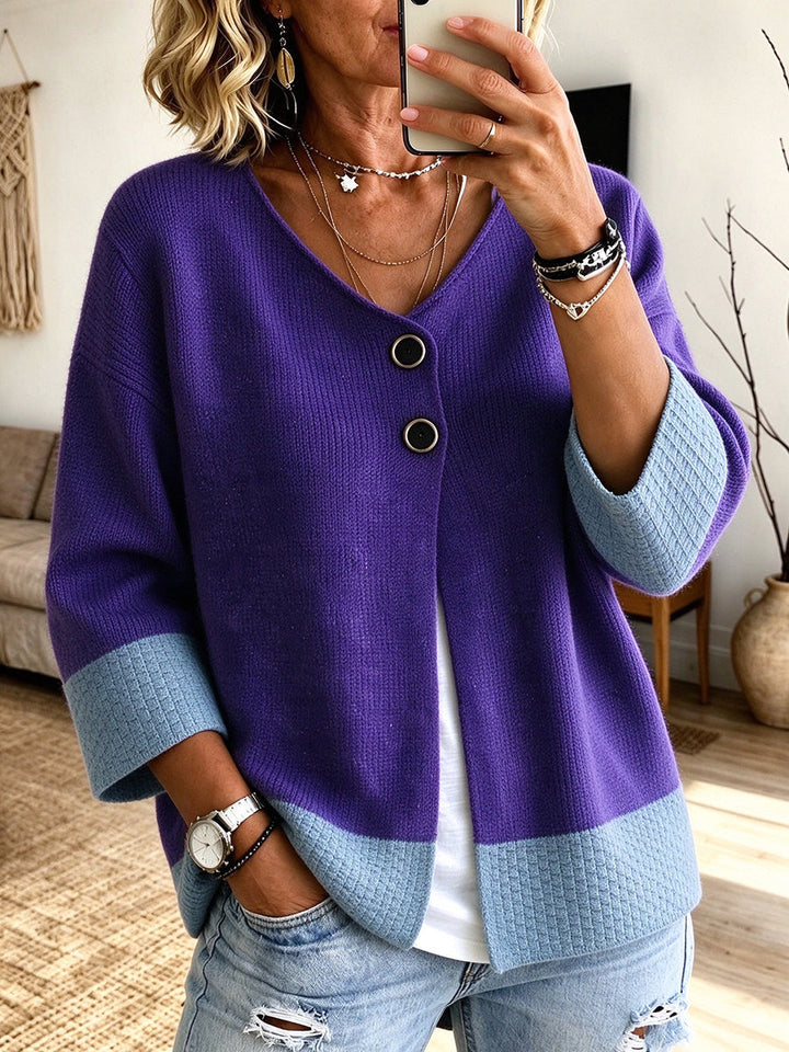 Purple color block cardigan with three-quarter sleeves, mirror selfie