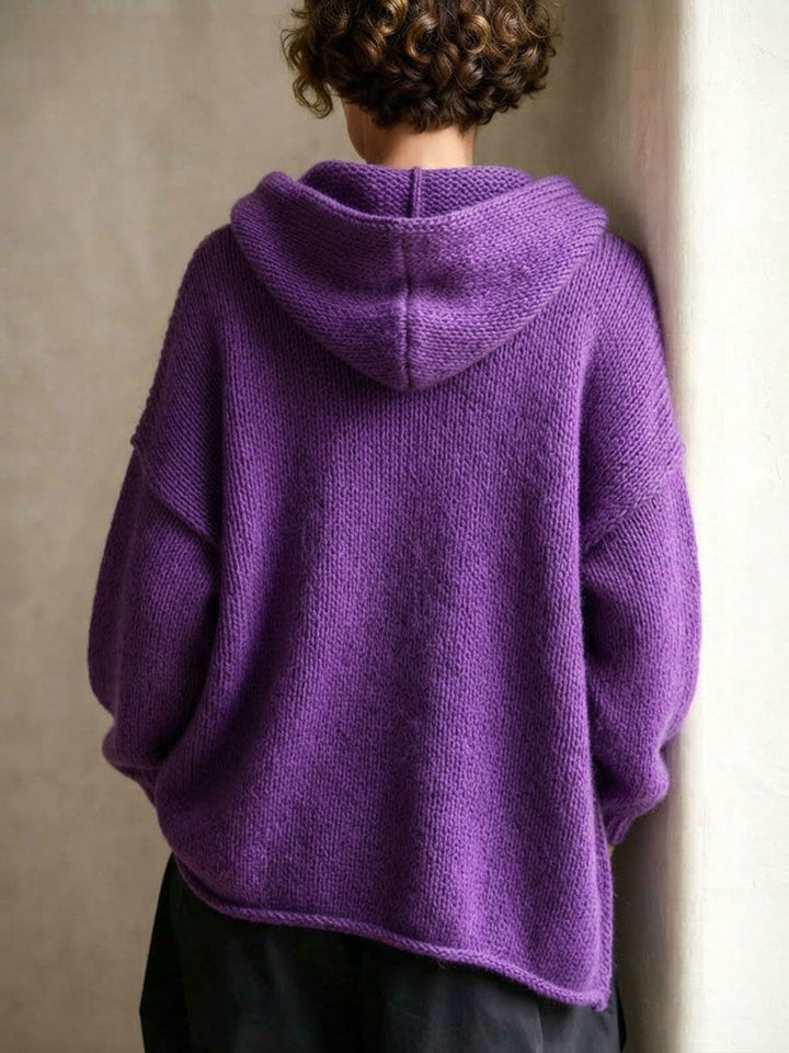 Back view of the purple hooded cardigan with relaxed dropped shoulders