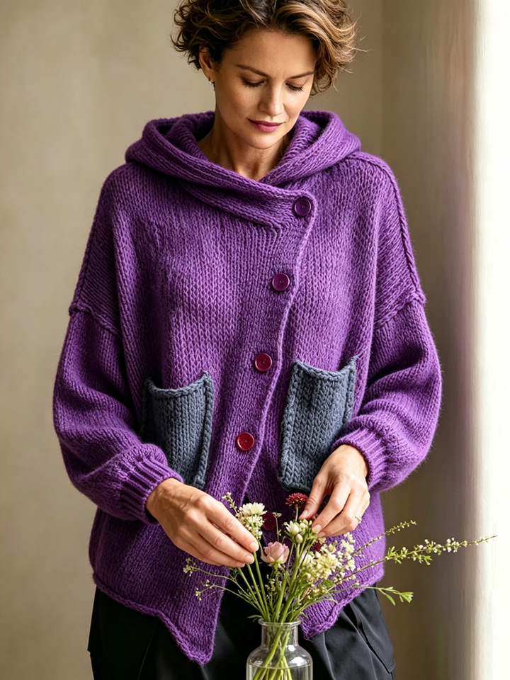 Woman arranging flowers in the chunky knit hooded cardigan