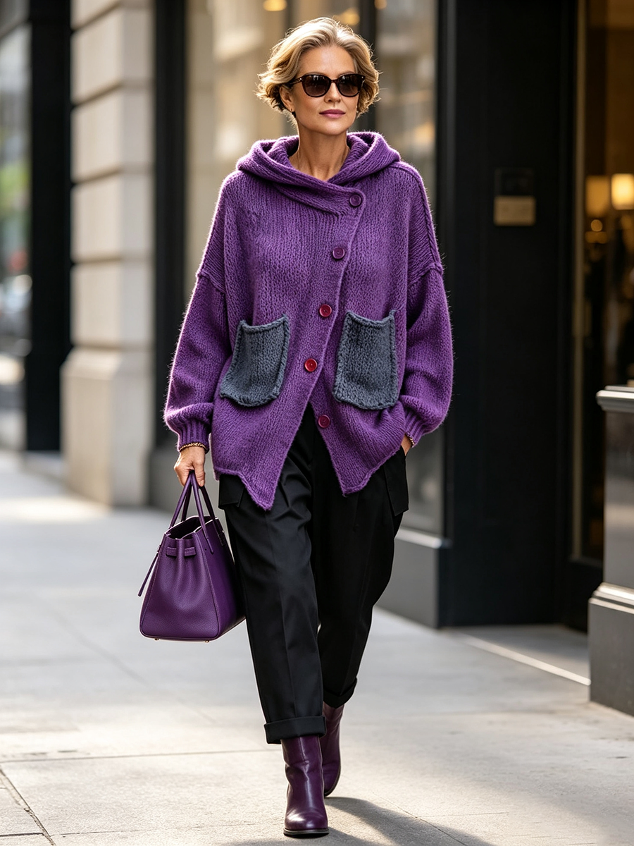 Woman walking in the city in the purple cardigan, black pants and boots