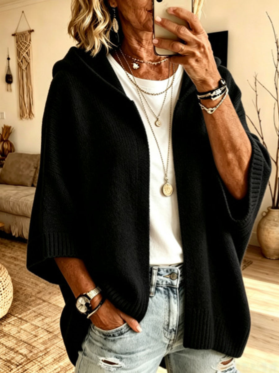 Black batwing cardigan with slouchy hood, front view