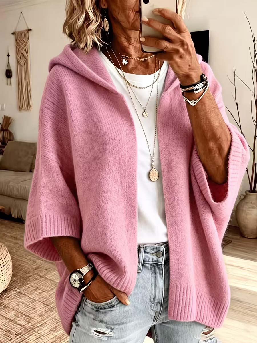 Pink open front cardigan with wide ribbed cuffs