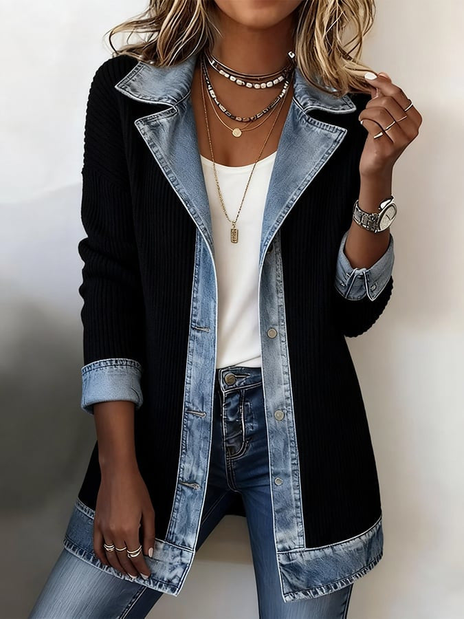 Black longline cardigan with contrast denim-look notch lapel