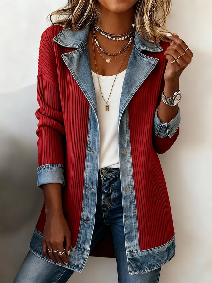 Red ribbed cardigan sweater with denim-look placket and metal snaps