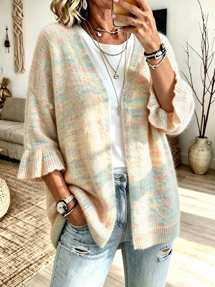 Pastel multi space-dyed knit cardigan worn over a white tee