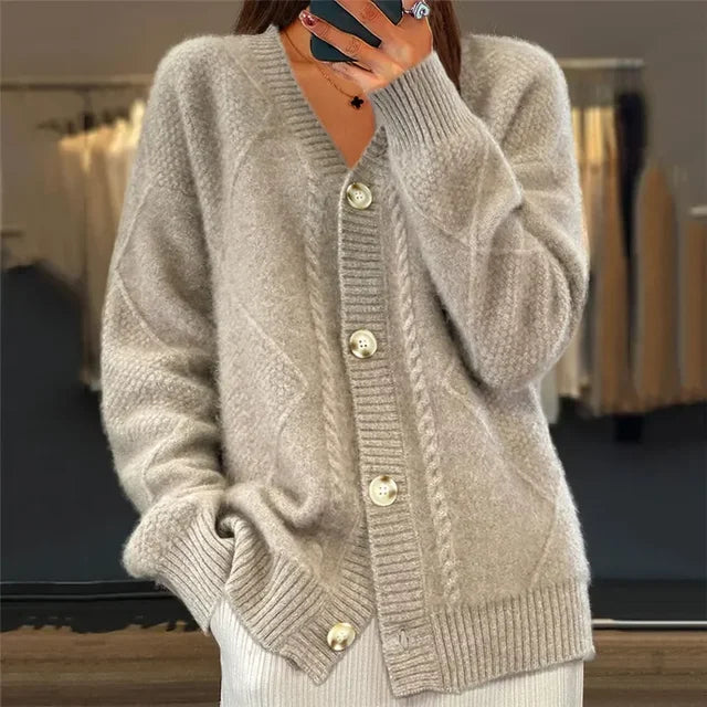 Women's Cardigan | V Neck Cable Knit with Gold-Tone Buttons