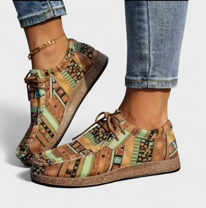Green boho print lace up casual shoes