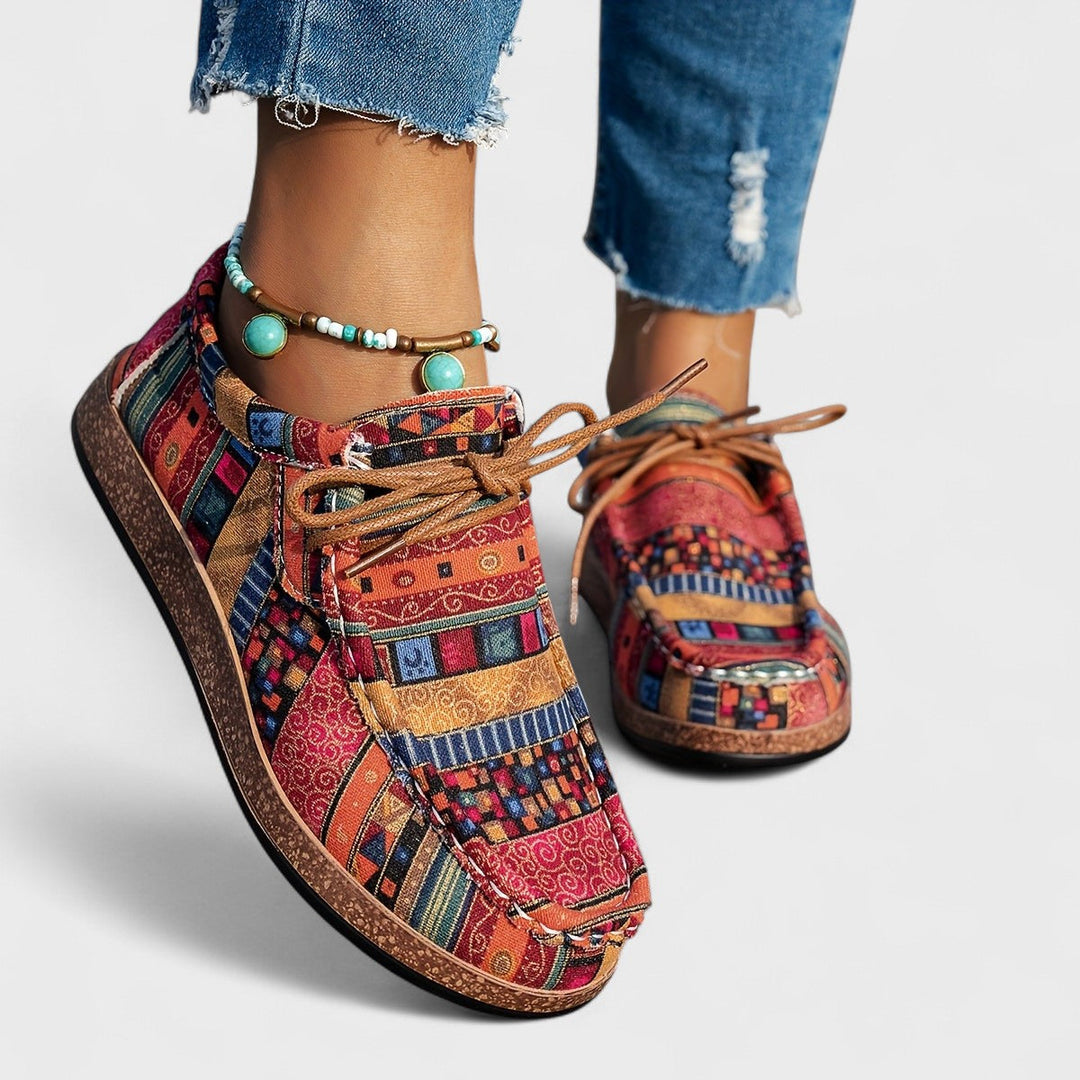 Women's casual shoes in red, boho print lace up with stitched sole
