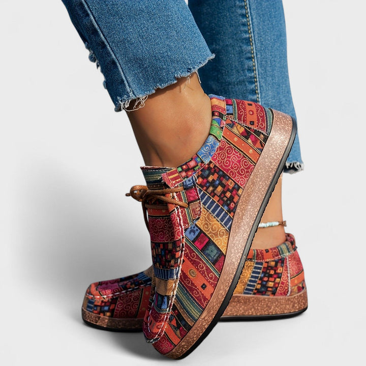 Red boho print shoes with stitched rubber sole