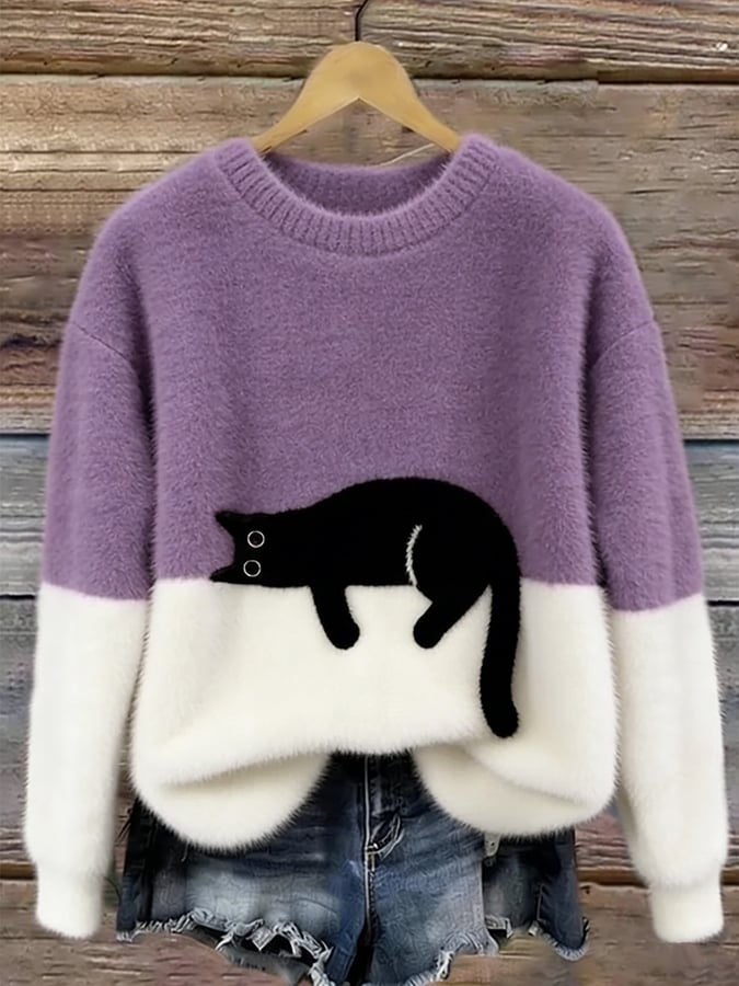 Lavender purple oversized cat sweater with cream bottom and black cat print