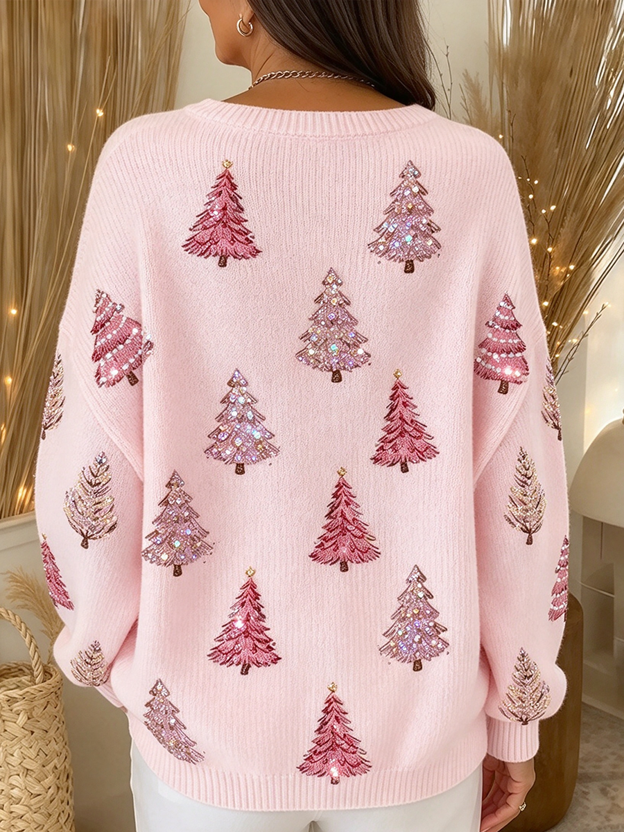Back view of the pink Christmas sweater with all-over tree print