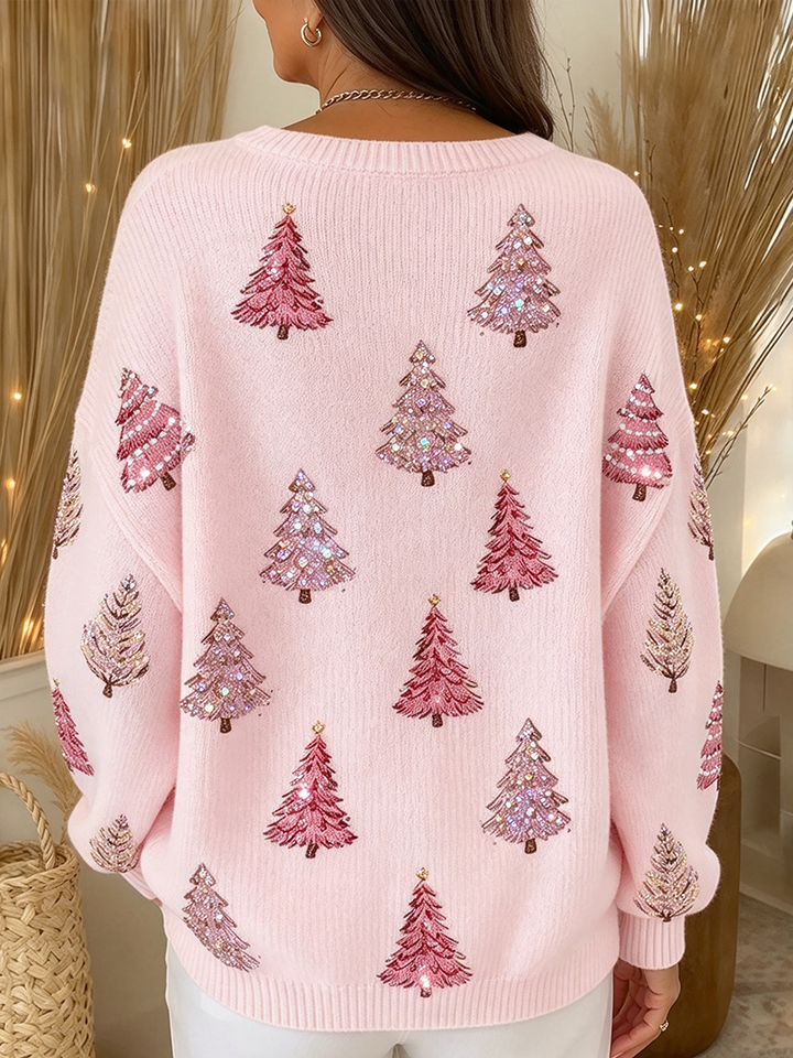 Back view of the pink Christmas sweater with all-over tree print