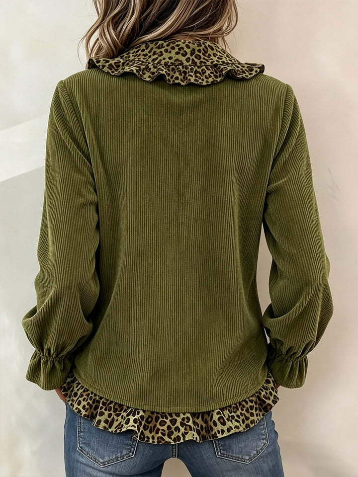 Back of the olive corduroy blouse with leopard ruffle trim
