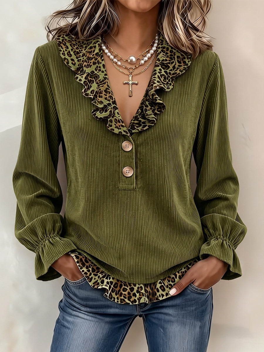 Women's corduroy blouse in olive with leopard ruffle collar and hem