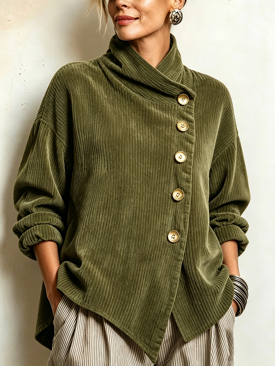 Women's Corduroy Jacket | Funnel Neck Asymmetric Button Front