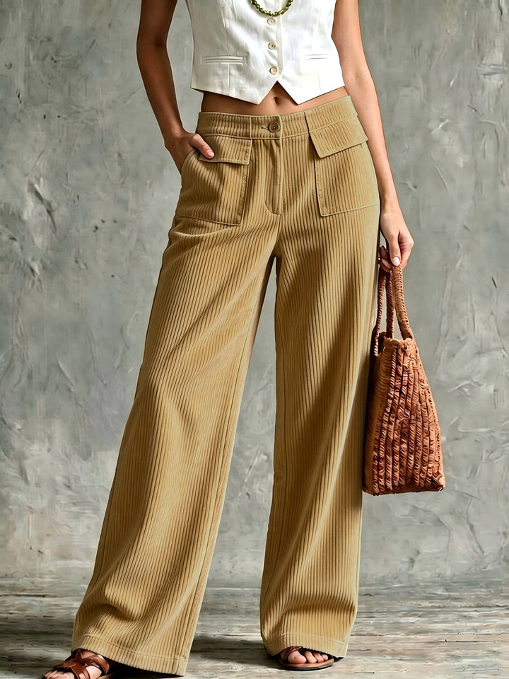 Khaki wide-leg corduroy pants with button waist and flap pockets