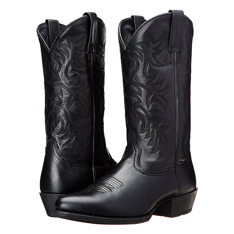 Women's black embroidered cowgirl boots, pair shown from the side