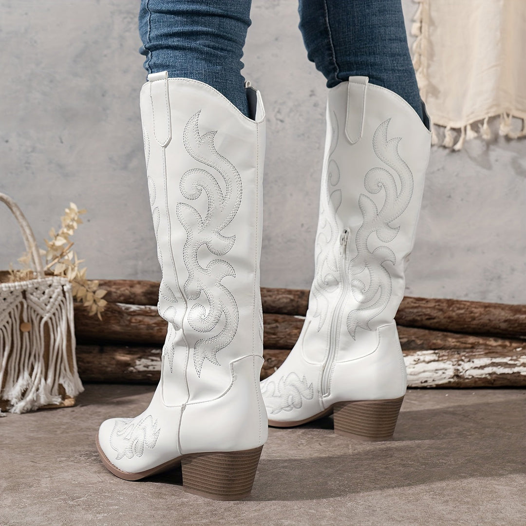 Women's cowgirl boots, knee high embroidered western in white