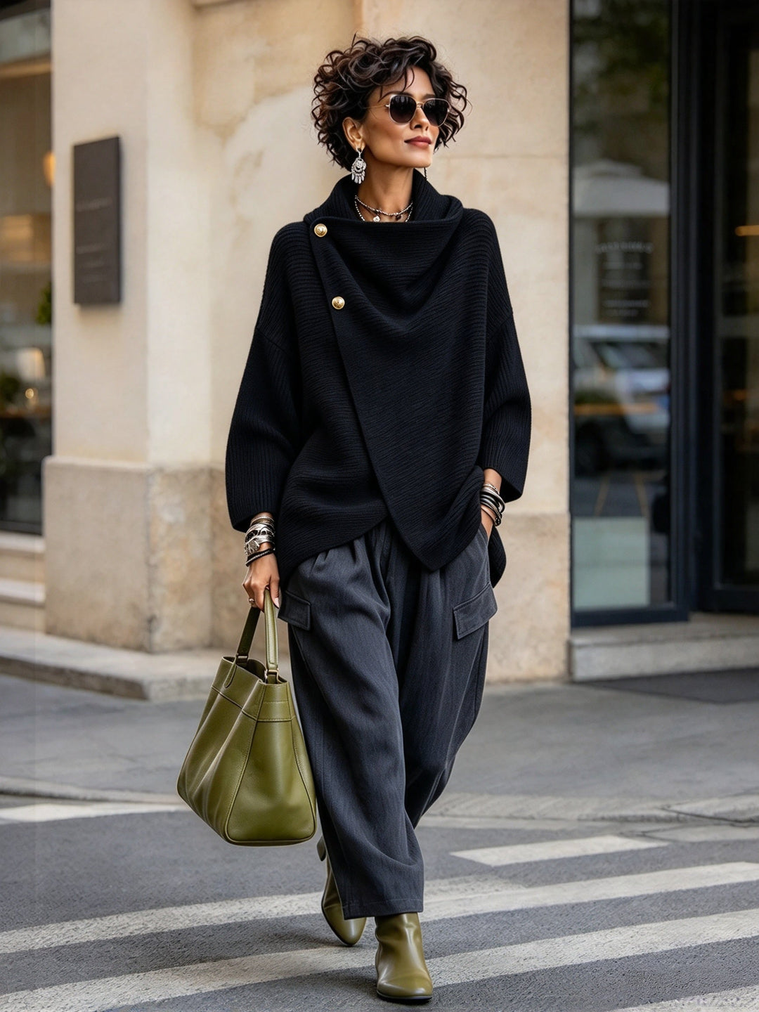 Black cowl neck sweater with trousers outdoors
