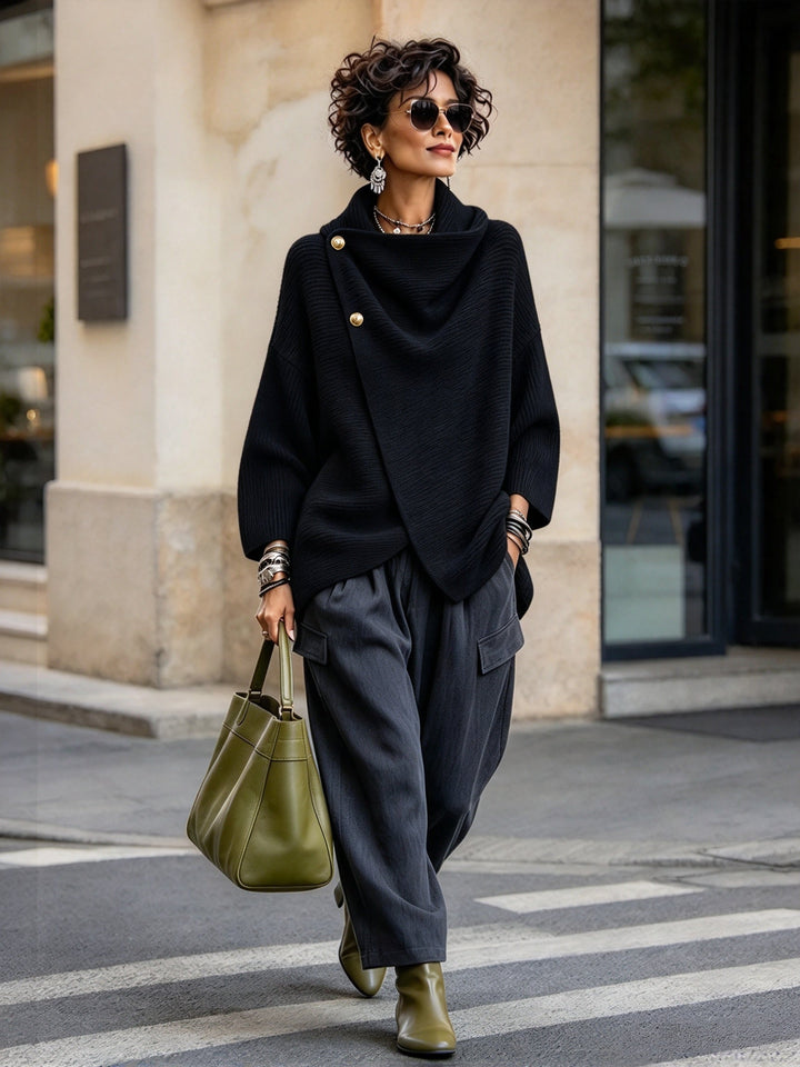 Black cowl neck sweater with trousers outdoors