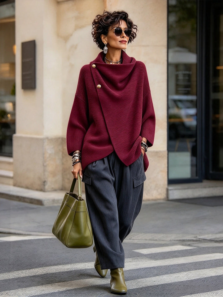 Burgundy cowl neck sweater outfit
