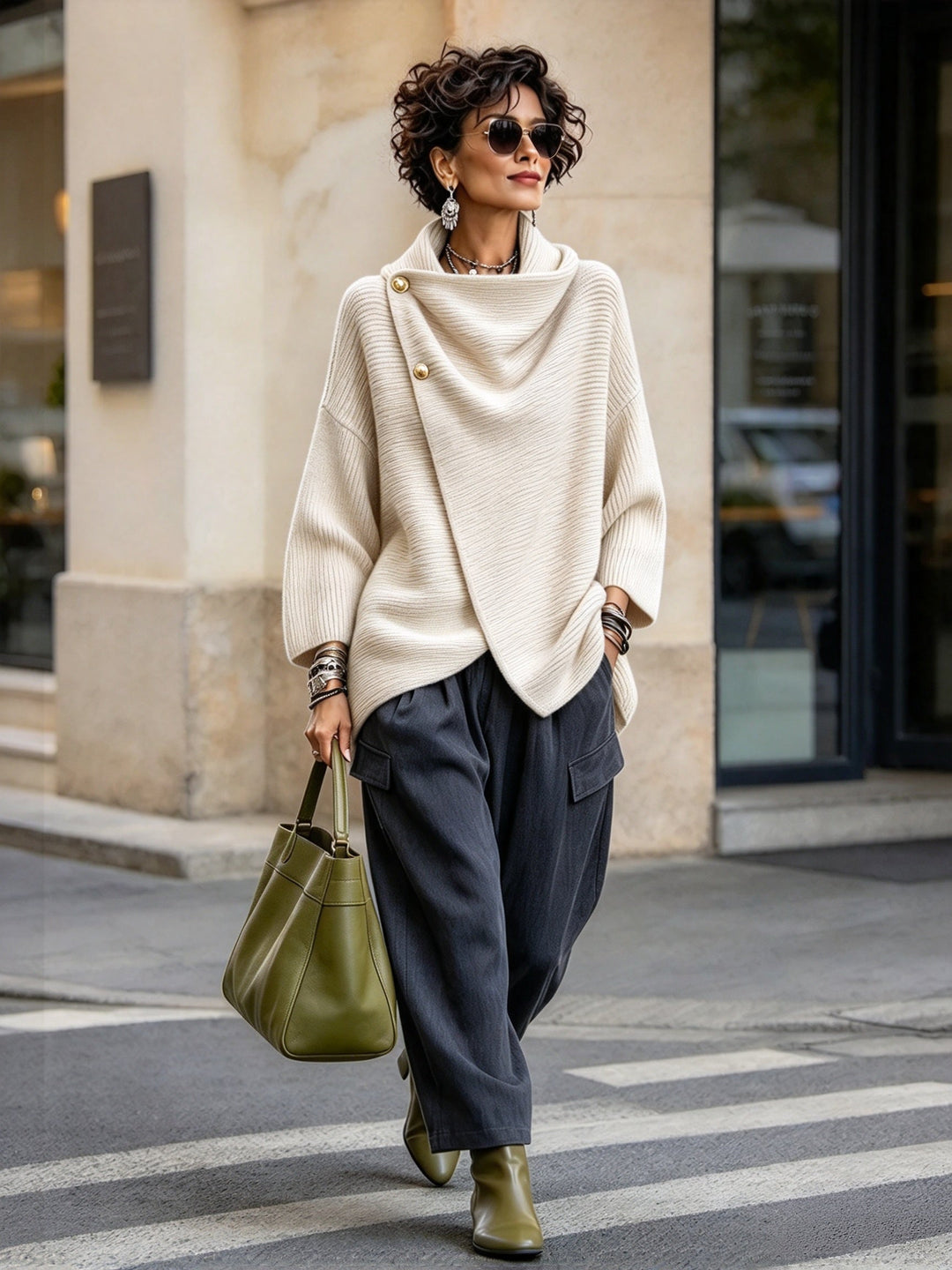 Cream cowl neck sweater outfit