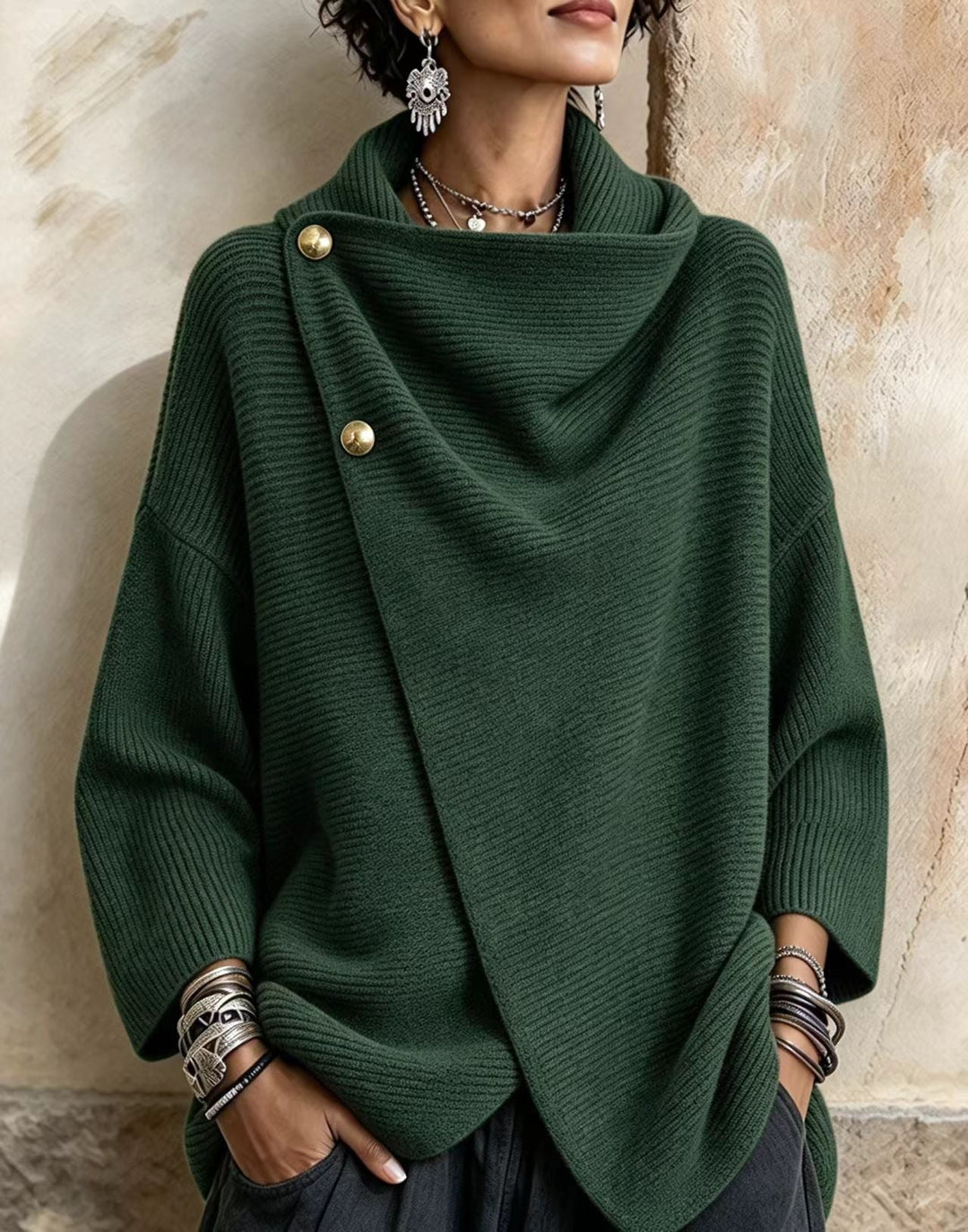 Dark green asymmetric button sweater