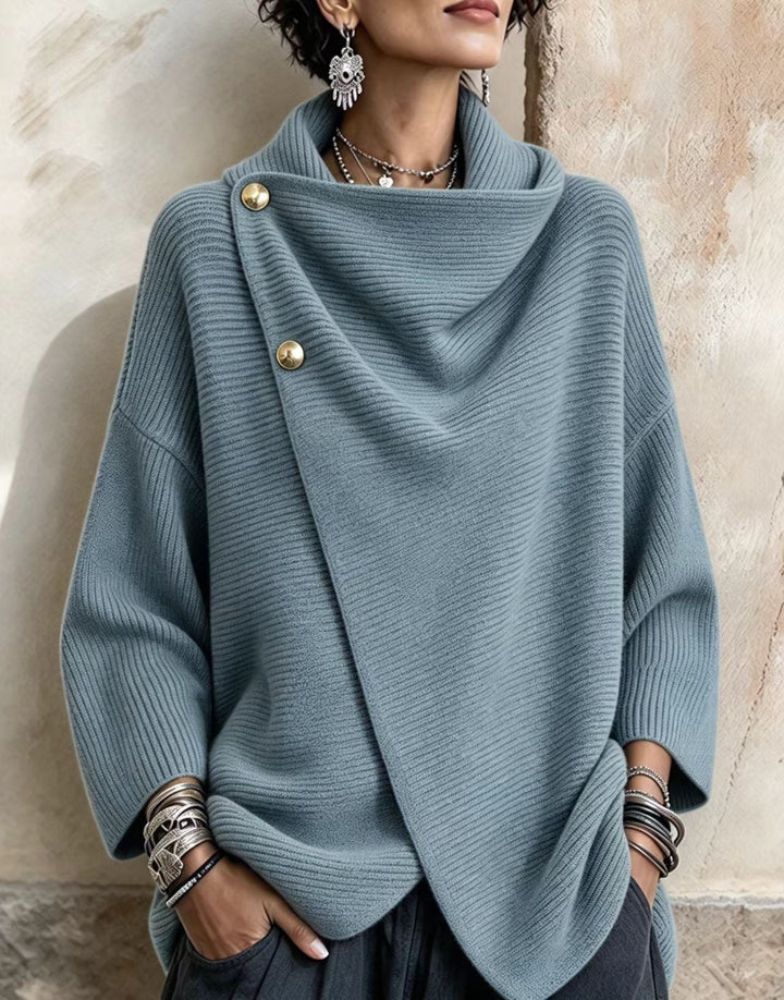 Light blue wrap sweater with cowl neck