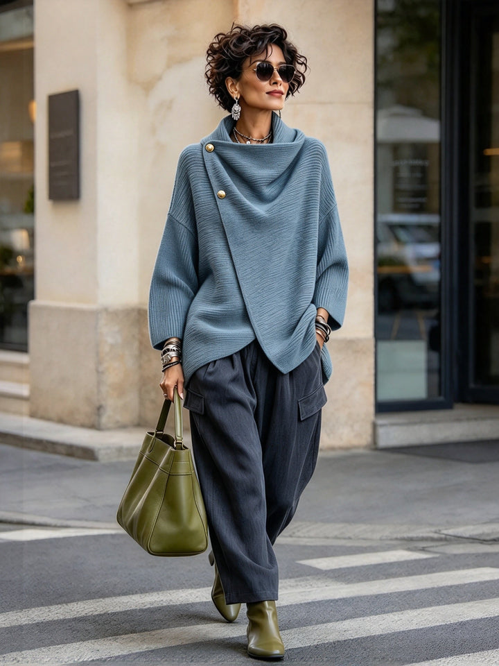 Light blue cowl neck sweater outfit