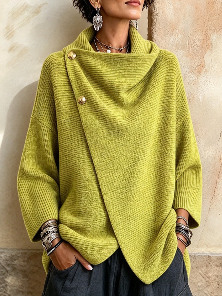 Women's cowl neck sweater in lime with asymmetric buttons