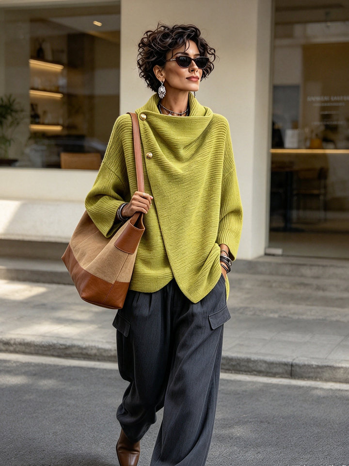 Lime cowl neck sweater with a tote
