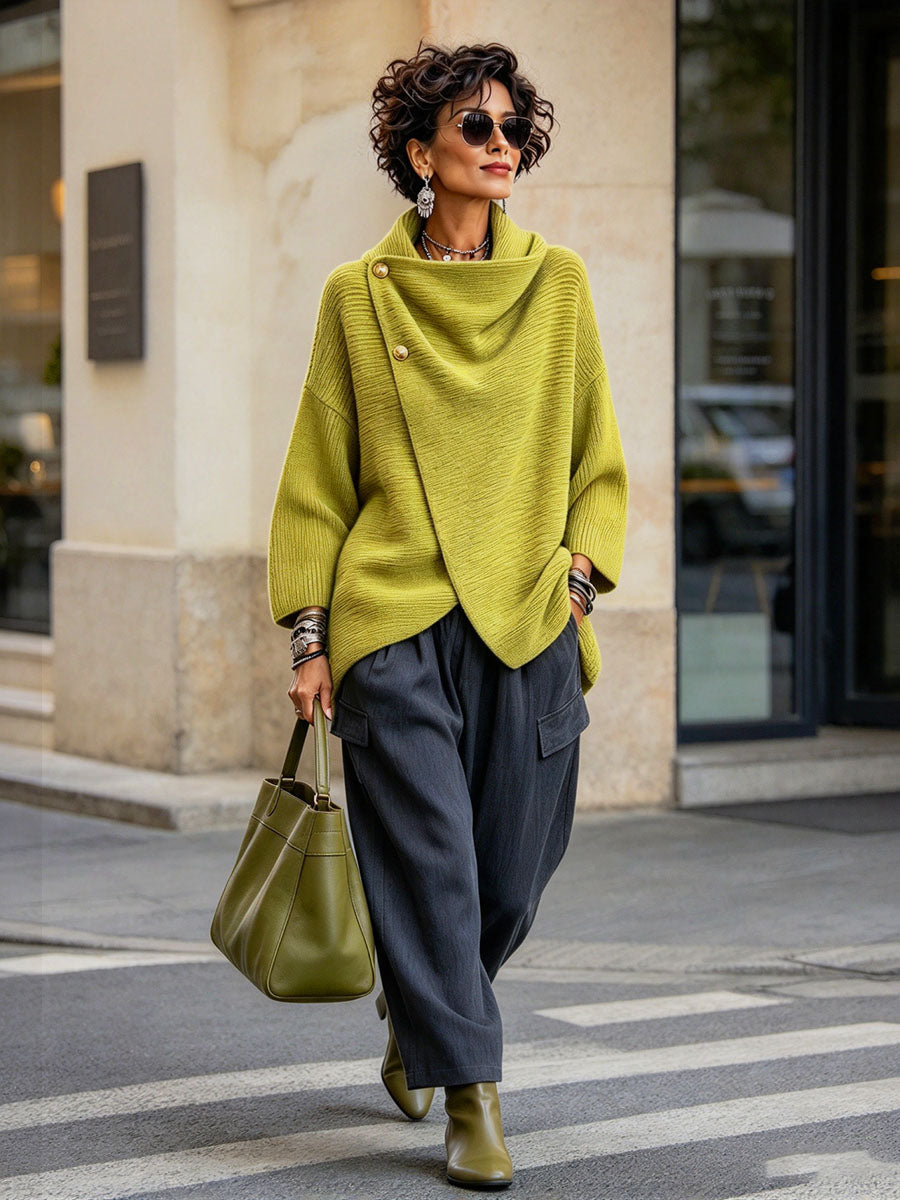 Lime cowl neck sweater on a city street