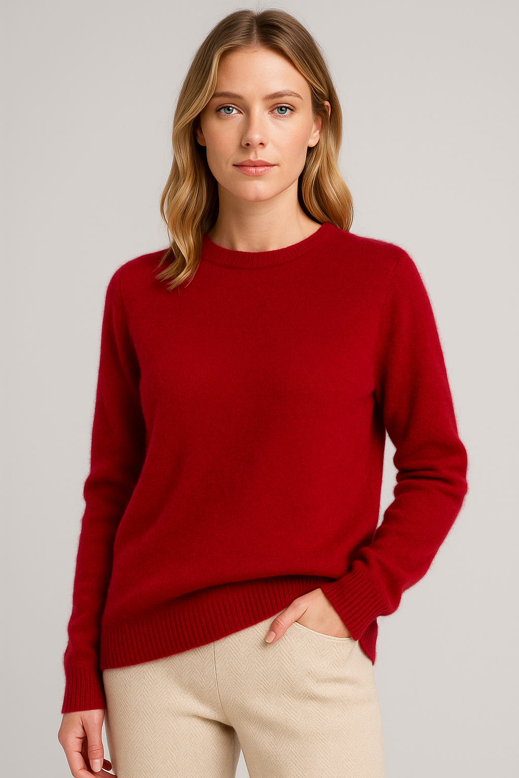 Women's red crew neck sweater, front view on a model