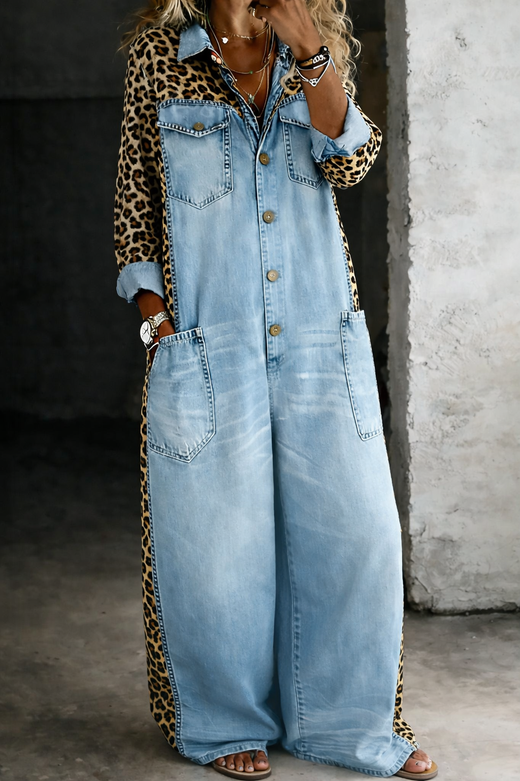 Women's denim jumpsuit with leopard sleeves in light blue, front view on model