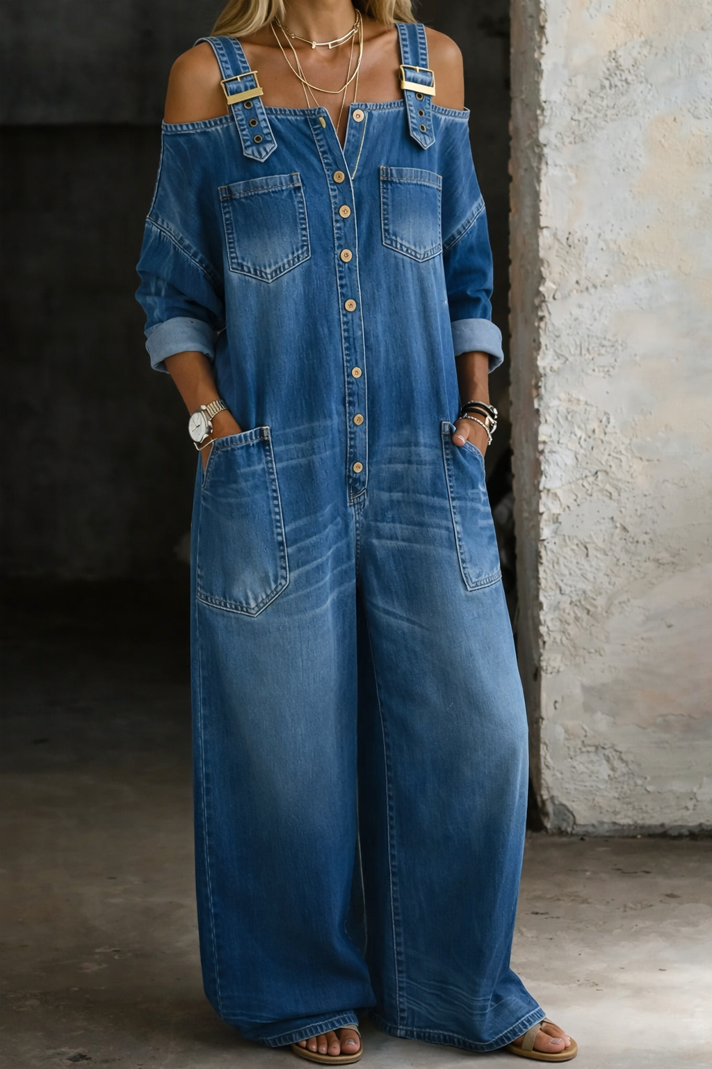 Women's off the shoulder denim jumpsuit in blue, front view on model