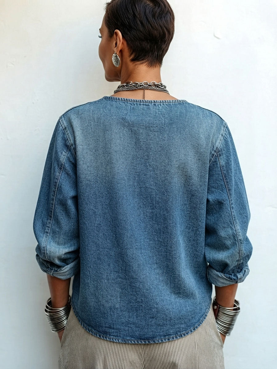 Back of the light blue denim-look shacket